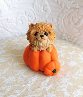 Pomeranian Autumn Pumpkin Sculpture Dog Lover Clay Mini By Raquel