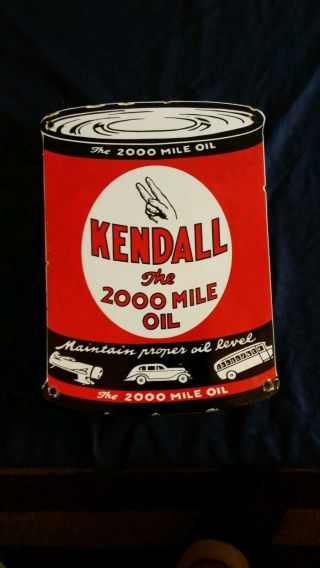 Vintage Kendall " The 2000 Mile Oil " Motor Oil Can Porcelain Gas,  Oil Sign