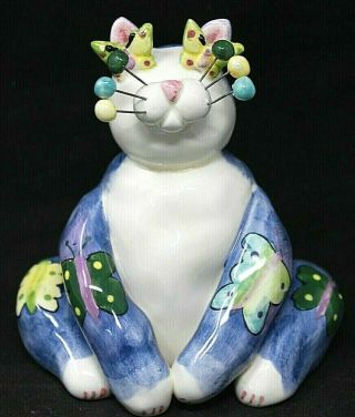 Rare 2001 Amy Lacombe Handpainted Ceramic Cat " Butterfly ",  Annaco,  4 1/2 " Epoc