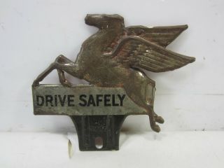 Vintage Mobil Oil Pegasus Flying Horse " Drive Safely " License Plate Topper
