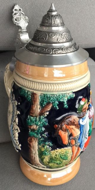 Vintage Hand Painted Lidded Blue & Brown Beer Stein W/ Mounted Knights W Germany