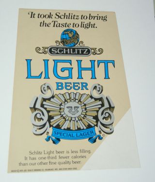 Rare Large Schlitz Light Beer Door Ad Sign Decal Beer Nos 1975