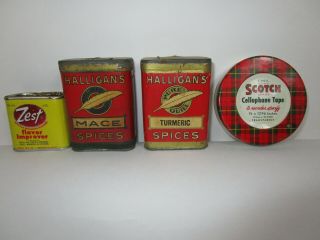 4 Rare Vtg Tin Halligans Spice Tape Mace Turmeric Scotch Davenport Iowa,  Content