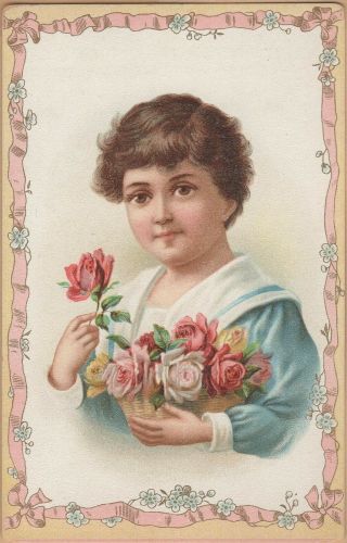 Victorian Trade Card - French Market Coffee - Orleans,  La - Girl W/ Roses - Basket