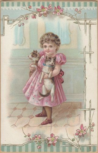 Victorian Trade Card - French Market Coffee - Orleans,  La - Girl W/ Cats - Flowers