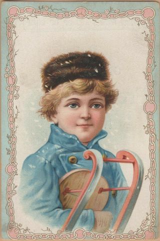 Victorian Trade Card - French Market Coffee - Orleans,  La - Child In Fur Hat - Sled