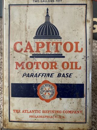 Vintage Capitol Paraffine Base 2 Gallon Motor Oil Can - Atlantic Refining Co.