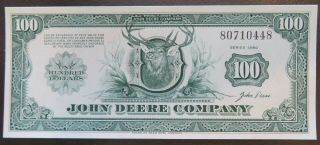 John Deere Money $100 Bill.  Certificate For Goods & Services,  Dealer Issue 1980