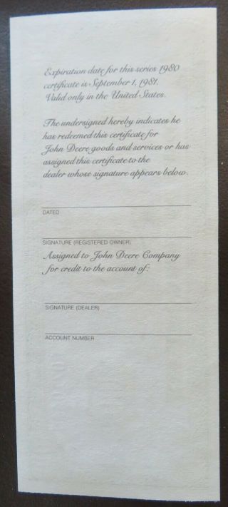 John Deere Money $100 Bill.  Certificate for goods & services,  Dealer Issue 1980 2