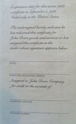 John Deere Money $100 Bill.  Certificate for goods & services,  Dealer Issue 1980 3
