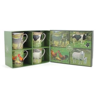Farming Mugs Set Of 4 Gift Boxed Sheep,  Cows,  Chickens,  Donkey Tea Coffee Mugs