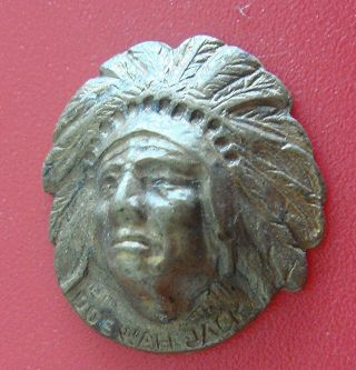 Vintage American Indian Stick Pin Top: Doe Wah Jack; Brass Emblem; Oak Stoves