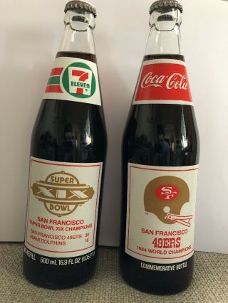 2 Vintage Acl 1984 Coca Cola San Fran.  49ers World Champions Full Bottle " Rare "