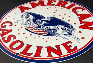 Vintage " American Gasoline " Powerful As It Name 12” Porcelain Advertising Sign
