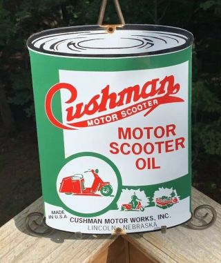 Vintage Old Cushman Motor Oil Can Porcelain Gas Pump Sign Advertising