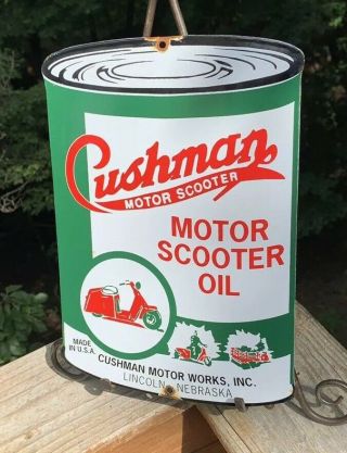 VINTAGE OLD CUSHMAN MOTOR OIL CAN PORCELAIN GAS PUMP SIGN ADVERTISING 3
