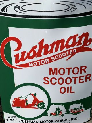 VINTAGE OLD CUSHMAN MOTOR OIL CAN PORCELAIN GAS PUMP SIGN ADVERTISING 6