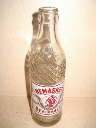 Nemasket Painted Label Acl Soda Pop Bottle Indian Native American Middleboro Ma