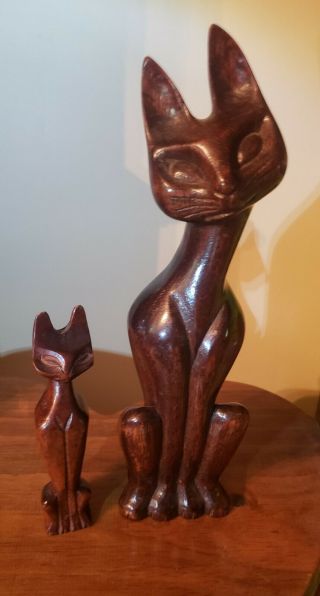 2 Vintage Mid Century Carved Wood Siamese Cats Figural Asian Folk Art