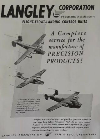 Langley Corporation Flight Float Landing Control Units War Birds 1943 Vintage Ad
