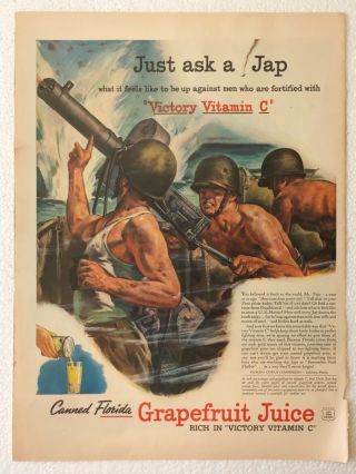 1943 Full Color Print Ad For Florida Grapefruit Juice Rich In Victory Vitamin C