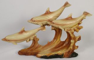 Dolphin Trio Faux Wood Carving Figure Statue Ocean Sea Wildlife Fish Animal