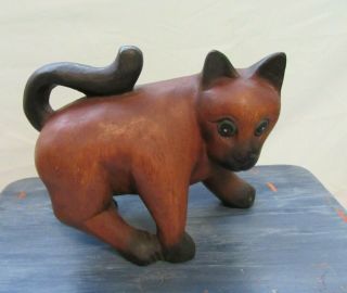 Vintage Wooden Hand - Carved Cat Standing Kitten
