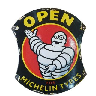 Open For Michelin Tyres Vintage Advertising Porcelain Sign 12 X 14 Inches Sb 08