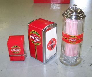 Coca Cola 50s Diner Counter Set Napkin,  Straw & Toothpick Dispenser All 3 Mib