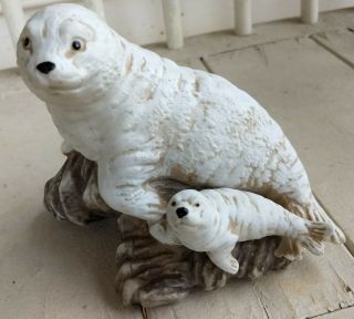 White Porcelain Mother Seal Sea Lion & Baby Figurine Hand Painted Roc