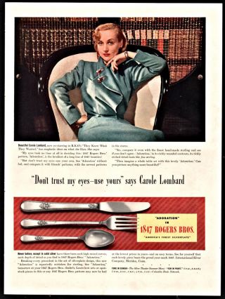 1940 1847 Rogers Adoration Flatware Silverware Ad W/ Carole Lombard Photo