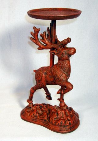 Cast Iron Deer Candle Holder Candlestand 8 " High Reindeer Elk Red