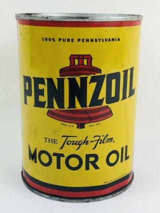 Pennzoil,  Oil City Pa.  The Tough - Film Motor Oil Can 1 Qt.  - - - Full - - - Gas,  Oil 191