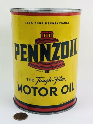 PENNZOIL,  OIL CITY PA.  THE TOUGH - FILM MOTOR OIL CAN 1 QT.  - - - FULL - - - GAS,  OIL 191 2