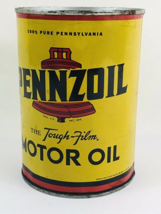 PENNZOIL,  OIL CITY PA.  THE TOUGH - FILM MOTOR OIL CAN 1 QT.  - - - FULL - - - GAS,  OIL 191 6
