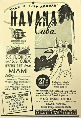 1940 Advertising Miami Florida Ss Cuba Havana Tours Steamship Cruise Print Ad