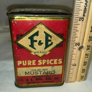 Antique F&e Mustard Spice Tin Litho Can Vintage Wichita Kansas Ks Grocery Store
