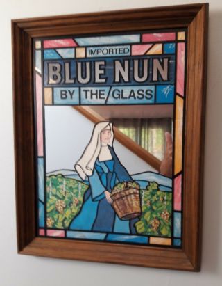Vintage Blue Nun Wine Stained Glass Wood Frame Mirror Bar Sign Mancave