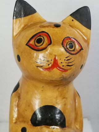 Vtg Hand Painted Indonesian Shelf Sitter,  Smiling Spotted Cat With Fishing Pole