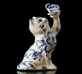 Porcelain Cat Statue Russian Gzhel Art Miniature Blue White Piggy Bank Butterfly
