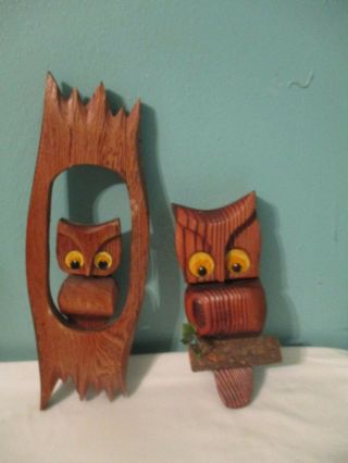 Vintage Wooden Owl Wall Decor Retro Set Of 2