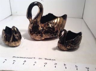 Set Of 3 Vintage Black W/ 24k Gold Ceramic Swan Planters/vases Made In Usa