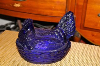Vintage Glass Rooster Chicken Cobalt Blue Lidded Compote Country Farm Decor