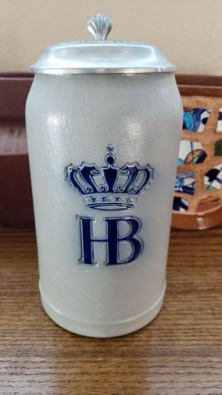 Hb Hofbrauhaus Munchen Crown Gray Stoneware West Germany Beer Stein With Lid 1l