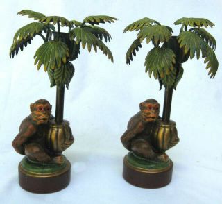 2 Vintage Petites Choses Usa Metal Monkey Palm Tree Candle Holders Candlesticks