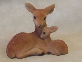 Vintage Flocked Brown Spotted Deer Mother Doe Baby Fawn - Resting Cuddling