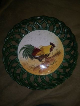 Pacific Rim Handpainted Exclusive Rooster Green Basketweave Plate Htf Chicken