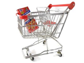 Salesman Sample Mini Grocery Shopping Cart - Chrome Metal - Red Plastic