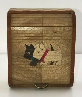 Vintage Occupied Japan Scottie Dog Terriers on Wood Roll Top Lid Trinket Box 2