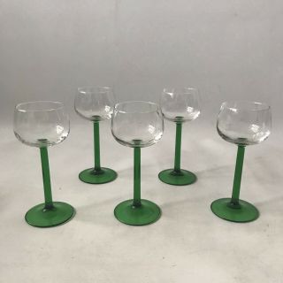5 X Vintage Luminarc Glasses Tall Green Stem Balloon Wine Aperitif Gin Hock 17cm